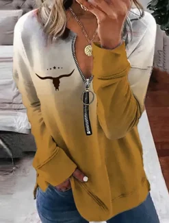 Women's Valentine Heart Sweatshirt Pullover Leopard Casual Sports Round Neck Print Quarter Zip Long Sleeve Black White Yellow Orange Green Fall & Winter