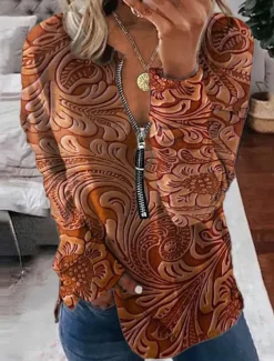 Women's Valentine Heart Sweatshirt Pullover Leopard Casual Sports Round Neck Print Quarter Zip Long Sleeve Black White Yellow Orange Green Fall & Winter