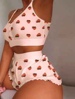 Women's Valentine Pajamas Nighty Pjs Sets 2 Pieces Fruit Lip Hot Soft Sweet Valentine's Day Gyms Crew Neck Crop Top Shorts Summer Spring Home Outfits