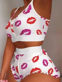 Women's Valentine Pajamas Nighty Pjs Sets 2 Pieces Fruit Lip Hot Soft Sweet Valentine's Day Gyms Crew Neck Crop Top Shorts Summer Spring Home Outfits