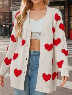 Women's Valentine Pink Sweater Cardigan Casual Soft Heart Ribbed V Neck Buttons Knitted Long Sleeve Regular Tops Knit Outdoor Daily Weekend Black White Fall Winter