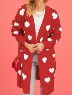 Women's Valentine Pink Sweater Cardigan Elegant Fashion Streetwear Heart V Neck Pocket Knitted Long Sleeve Long Tops Knit Outdoor Daily Weekend Black Pink Fall Winter