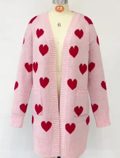 Women's Valentine Pink Sweater Cardigan Elegant Fashion Streetwear Heart V Neck Pocket Knitted Long Sleeve Long Tops Knit Outdoor Daily Weekend Black Pink Fall Winter