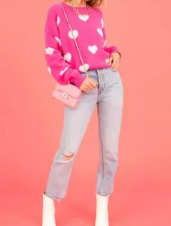 Women's Valentine Sweater Casual Soft Heart Graphic Ribbed Crew Neck Knitted Long Sleeve Regular Tops Knit Outdoor Daily Weekend Red Fall Winter