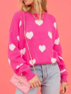 Women's Valentine Sweater Casual Soft Heart Graphic Ribbed Crew Neck Knitted Long Sleeve Regular Tops Knit Outdoor Daily Weekend Red Fall Winter