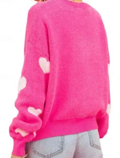 Women's Valentine Sweater Casual Soft Heart Graphic Ribbed Crew Neck Knitted Long Sleeve Regular Tops Knit Outdoor Daily Weekend Red Fall Winter