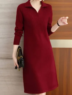 Women's Valentine Sweater Dress Plain Midi Dress Long Sleeve Shirt Collar Regular Fit Vacation Stylish Basic Casual Daily Red Blue Khaki Fall Winter