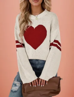 Women's Valentine Sweater Casual Soft Heart Ribbed Crew Neck Knitted Long Sleeve Regular Tops Knit Outdoor Daily Valentine Black White Fall Winter