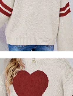 Women's Valentine Sweater Casual Soft Heart Ribbed Crew Neck Knitted Long Sleeve Regular Tops Knit Outdoor Daily Valentine Black White Fall Winter