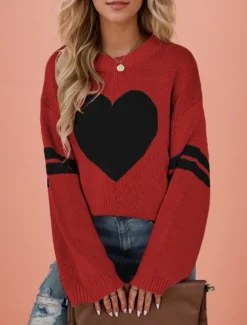 Women's Valentine Sweater Casual Soft Heart Ribbed Crew Neck Knitted Long Sleeve Regular Tops Knit Outdoor Daily Valentine Black White Fall Winter