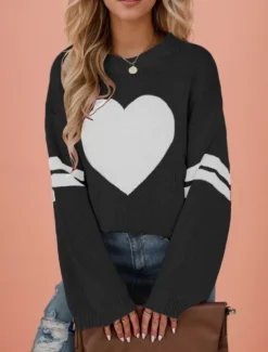 Women's Valentine Sweater Casual Soft Heart Ribbed Crew Neck Knitted Long Sleeve Regular Tops Knit Outdoor Daily Valentine Black White Fall Winter