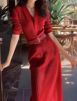 Women's Valentine Sweater Dress Plain Maxi Dress Long Sleeve V Neck Belted Regular Fit Vacation Daily Black White Red Spring Fall Winter