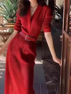 Women's Valentine Sweater Dress Plain Maxi Dress Long Sleeve V Neck Belted Regular Fit Vacation Daily Black White Red Spring Fall Winter