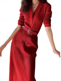 Women's Valentine Sweater Dress Plain Maxi Dress Long Sleeve V Neck Belted Regular Fit Vacation Daily Black White Red Spring Fall Winter