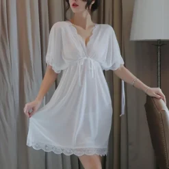 Women's Valentine White Night Dress Sexy Lingerie Lace Bodies Nightwear Solid Colored Comfort Home Bed Breathable Date Night Outfit