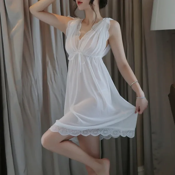 Women's Valentine White Night Dress Sexy Lingerie Lace Bodies Nightwear Solid Colored Comfort Home Bed Breathable Date Night Outfit