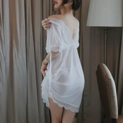 Women's Valentine White Night Dress Sexy Lingerie Lace Bodies Nightwear Solid Colored Comfort Home Bed Breathable Date Night Outfit