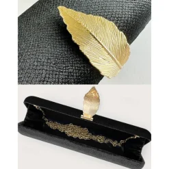 Women's Velvet Clutch Bag with Gold Feather Accent and Chain Strap - Elegant Evening Bag for Formal Events and Parties