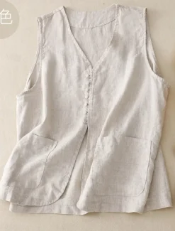 Women's Vest Comfortable Breathable Pocket Buttons Casual Plain Vacation Street Casual Daily Wear Single Breasted Short V Neck Regular Fit Sleeveless Outerwear White Khaki Beige Summer Spring