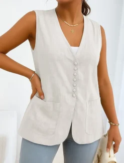 Women's Vest Comfortable Breathable Pocket Buttons Casual Plain Vacation Street Casual Daily Wear Single Breasted Short V Neck Regular Fit Sleeveless Outerwear White Khaki Beige Summer Spring