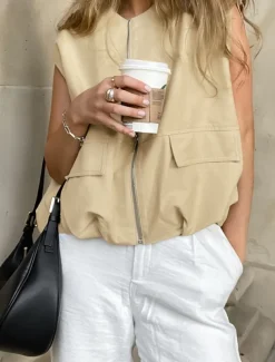 Women's Vest Comfortable Breathable Zipper Pocket Casual Plain Vacation Street Casual Daily Wear Zipper Short V Neck Regular Fit Sleeveless Outerwear Khaki Summer Spring