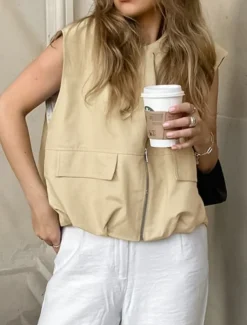 Women's Vest Comfortable Breathable Zipper Pocket Casual Plain Vacation Street Casual Daily Wear Zipper Short V Neck Regular Fit Sleeveless Outerwear Khaki Summer Spring