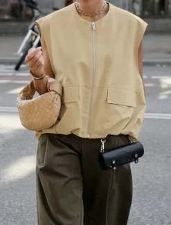Women's Vest Comfortable Breathable Zipper Pocket Casual Plain Vacation Street Casual Daily Wear Zipper Short V Neck Regular Fit Sleeveless Outerwear Khaki Summer Spring