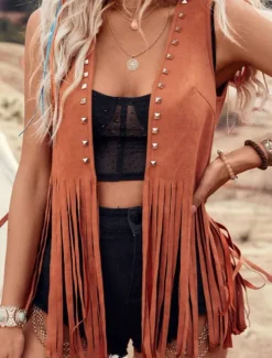 Women's Vest Outdoor Street Daily Wear Summer Regular Coat Regular Fit Thermal Warm Breathable Stylish Casual Jacket Sleeveless Plain Tassel Fringe Black Pink Brown