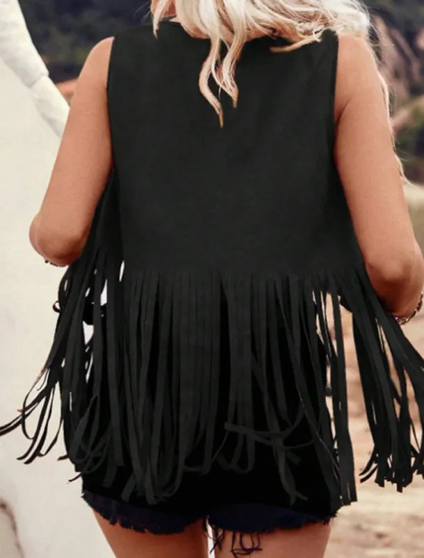 Women's Vest Outdoor Street Daily Wear Summer Regular Coat Regular Fit Thermal Warm Breathable Stylish Casual Jacket Sleeveless Plain Tassel Fringe Black Pink Brown