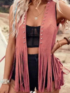 Women's Vest Outdoor Street Daily Wear Summer Regular Coat Regular Fit Thermal Warm Breathable Stylish Casual Jacket Sleeveless Plain Tassel Fringe Black Pink Brown