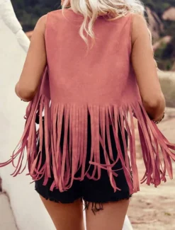 Women's Vest Outdoor Street Daily Wear Summer Regular Coat Regular Fit Thermal Warm Breathable Stylish Casual Jacket Sleeveless Plain Tassel Fringe Black Pink Brown