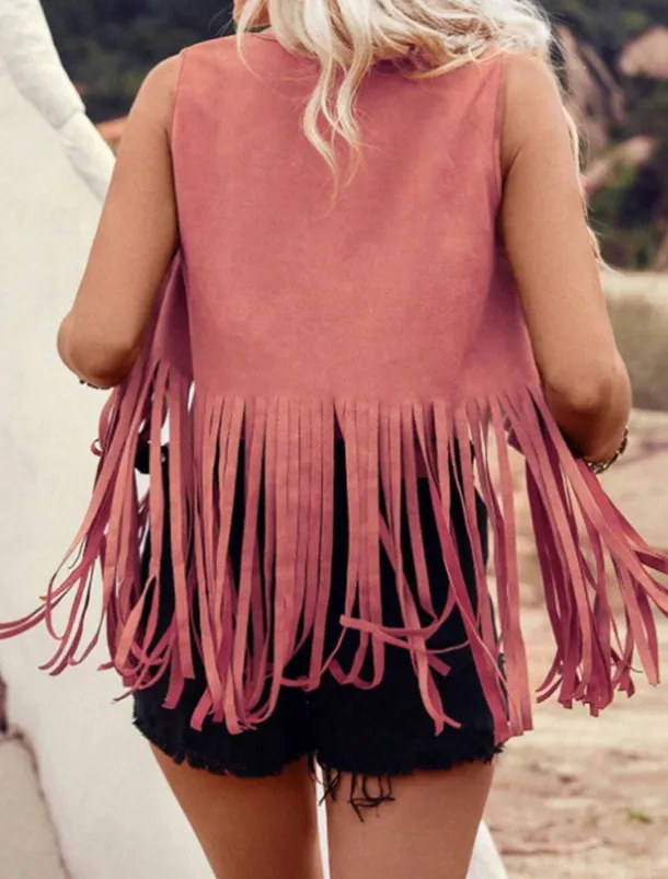 Women's Vest Outdoor Street Daily Wear Summer Regular Coat Regular Fit Thermal Warm Breathable Stylish Casual Jacket Sleeveless Plain Tassel Fringe Black Pink Brown