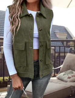 Women's Vest Outdoor Street Daily Wear Fall Winter Regular Coat Regular Fit Thermal Warm Breathable Stylish Casual Jacket Sleeveless Solid Color with Pockets Army Green Khaki
