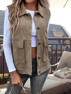 Women's Vest Outdoor Street Daily Wear Fall Winter Regular Coat Regular Fit Thermal Warm Breathable Stylish Casual Jacket Sleeveless Solid Color with Pockets Army Green Khaki