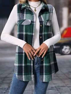 Women's Vest Outdoor Street Daily Wear Fall Winter Regular Coat Regular Fit Thermal Warm Breathable Stylish Casual Jacket Sleeveless Stripes and Plaid with Pockets Print Orange Green Khaki