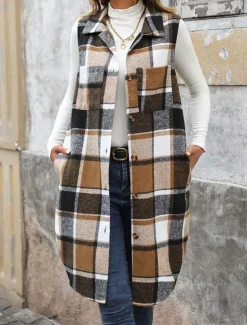 Women's Vest Outdoor Street Daily Wear Fall Winter Long Coat Regular Fit Thermal Warm Breathable Stylish Casual Jacket Sleeveless Stripes and Plaid with Pockets Print Orange Green Khaki