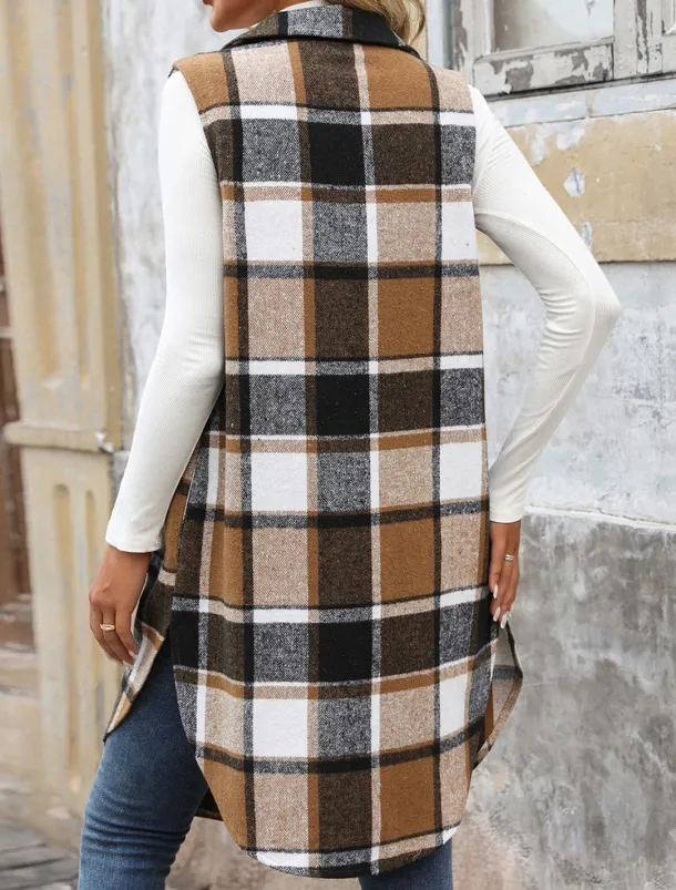 Women's Vest Outdoor Street Daily Wear Fall Winter Long Coat Regular Fit Thermal Warm Breathable Stylish Casual Jacket Sleeveless Stripes and Plaid with Pockets Print Orange Green Khaki