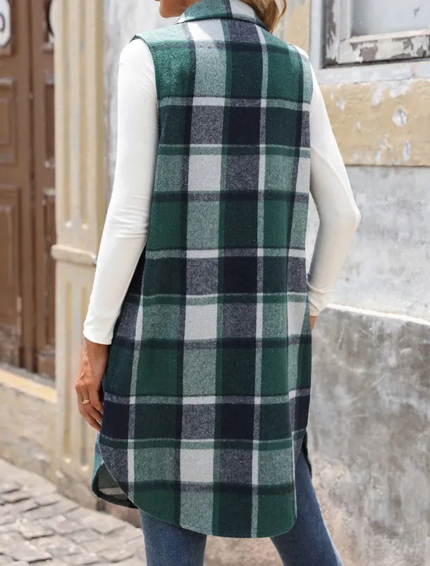 Women's Vest Outdoor Street Daily Wear Fall Winter Long Coat Regular Fit Thermal Warm Breathable Stylish Casual Jacket Sleeveless Stripes and Plaid with Pockets Print Orange Green Khaki