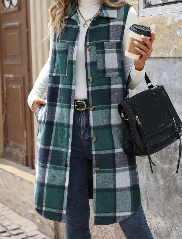 Women's Vest Outdoor Street Daily Wear Fall Winter Long Coat Regular Fit Thermal Warm Breathable Stylish Casual Jacket Sleeveless Stripes and Plaid with Pockets Print Orange Green Khaki