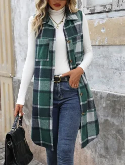 Women's Vest Outdoor Street Daily Wear Fall Winter Long Coat Regular Fit Thermal Warm Breathable Stylish Casual Jacket Sleeveless Stripes and Plaid with Pockets Print Orange Green Khaki