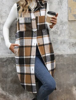 Women's Vest Outdoor Street Daily Wear Fall Winter Long Coat Regular Fit Thermal Warm Breathable Stylish Casual Jacket Sleeveless Stripes and Plaid with Pockets Print Orange Green Khaki