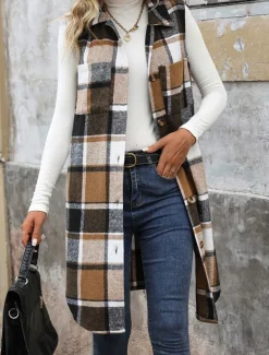 Women's Vest Outdoor Street Daily Wear Fall Winter Long Coat Regular Fit Thermal Warm Breathable Stylish Casual Jacket Sleeveless Stripes and Plaid with Pockets Print Orange Green Khaki