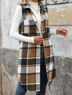 Women's Vest Outdoor Street Daily Wear Fall Winter Long Coat Regular Fit Thermal Warm Breathable Stylish Casual Jacket Sleeveless Stripes and Plaid with Pockets Print Orange Green Khaki