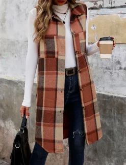 Women's Vest Outdoor Street Daily Wear Fall Winter Long Coat Regular Fit Thermal Warm Breathable Stylish Casual Jacket Sleeveless Stripes and Plaid with Pockets Print Orange Green Khaki