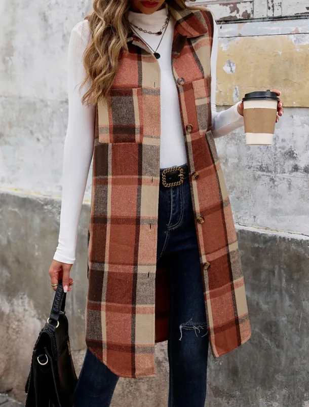 Women's Vest Outdoor Street Daily Wear Fall Winter Long Coat Regular Fit Thermal Warm Breathable Stylish Casual Jacket Sleeveless Stripes and Plaid with Pockets Print Orange Green Khaki