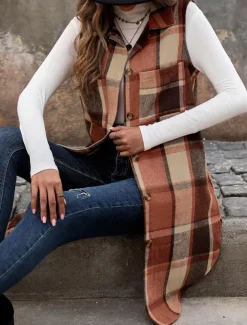 Women's Vest Outdoor Street Daily Wear Fall Winter Long Coat Regular Fit Thermal Warm Breathable Stylish Casual Jacket Sleeveless Stripes and Plaid with Pockets Print Orange Green Khaki