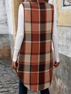 Women's Vest Outdoor Street Daily Wear Fall Winter Long Coat Regular Fit Thermal Warm Breathable Stylish Casual Jacket Sleeveless Stripes and Plaid with Pockets Print Orange Green Khaki