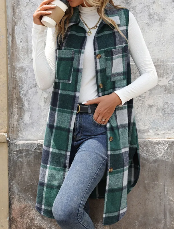 Women's Vest Outdoor Street Daily Wear Fall Winter Long Coat Regular Fit Thermal Warm Breathable Stylish Casual Jacket Sleeveless Stripes and Plaid with Pockets Print Orange Green Khaki