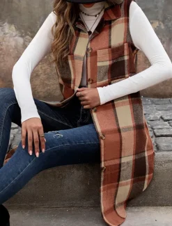 Women's Vest Outdoor Street Daily Wear Fall Winter Long Coat Regular Fit Thermal Warm Breathable Stylish Casual Jacket Sleeveless Stripes and Plaid with Pockets Coffee