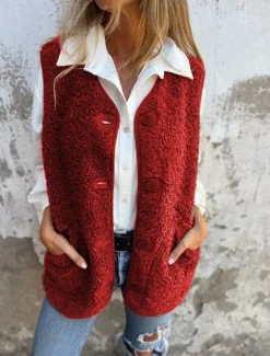 Women's Vest Outdoor Street Daily Fall Winter Regular Coat Regular Fit Warm Breathable Comtemporary Stylish Jacket Sleeveless Solid Color with Pockets Black Red Coffee